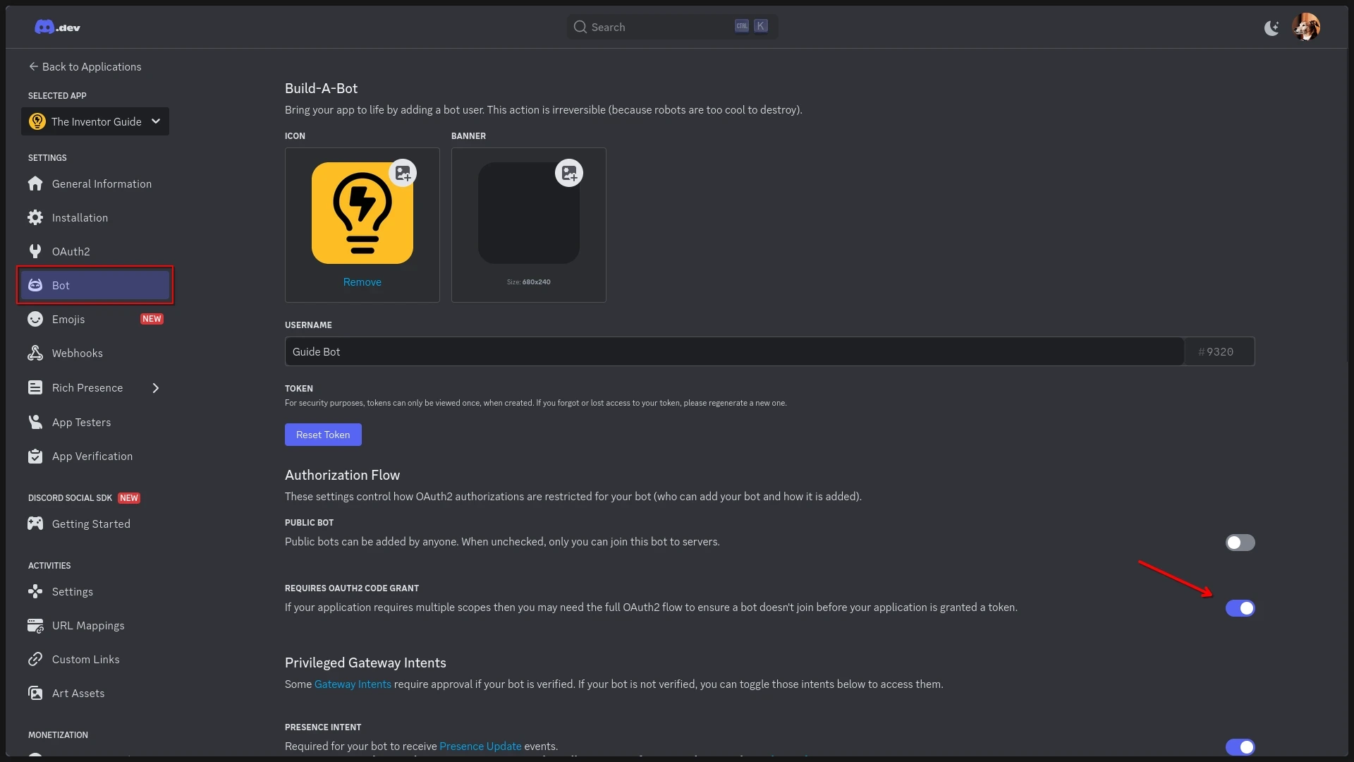Screenshot of inventor.bot dashboard showing code grant toggle